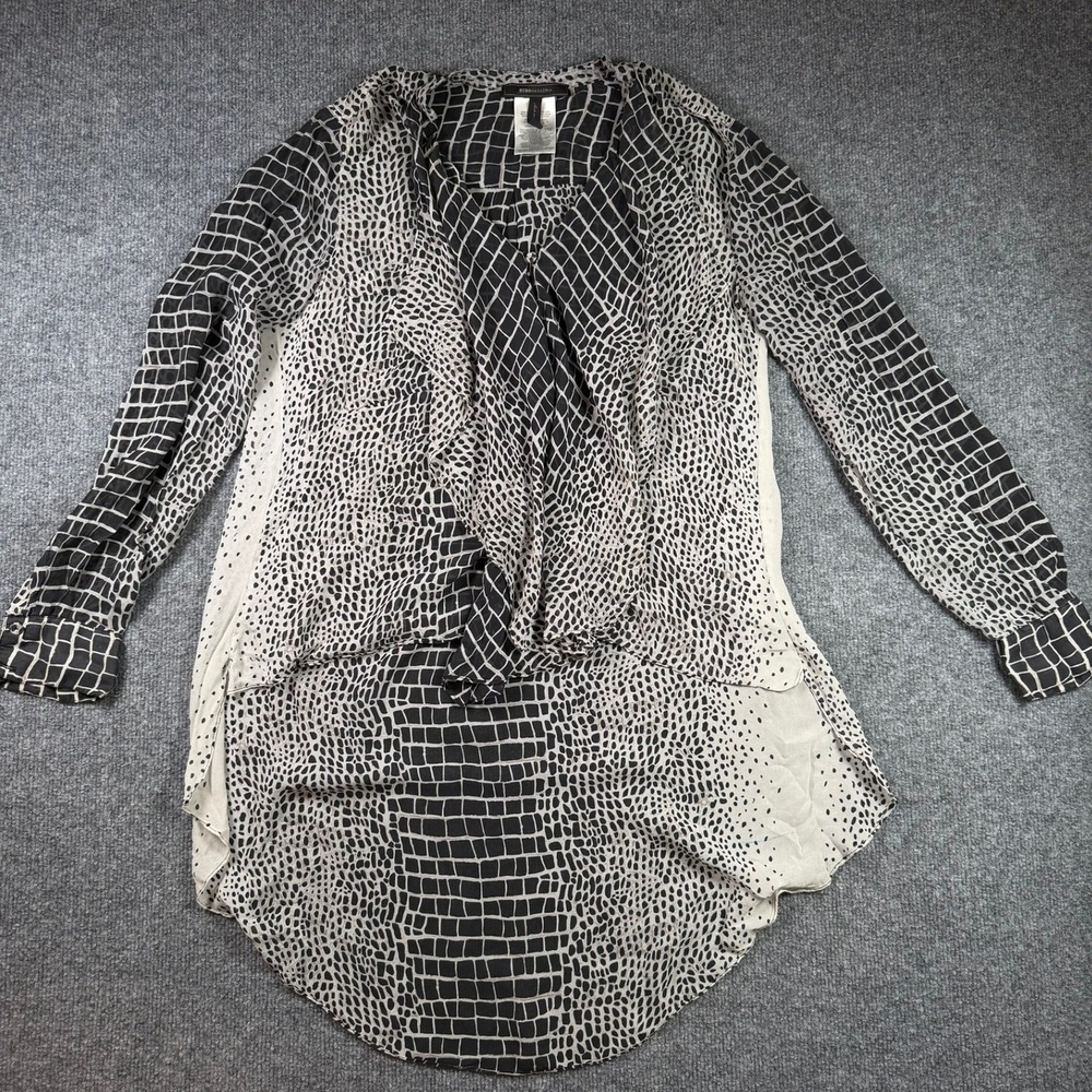 BCBGMAXAZRIA Silk Blouse Womens Large Black White Animal Print High Low Tunic
